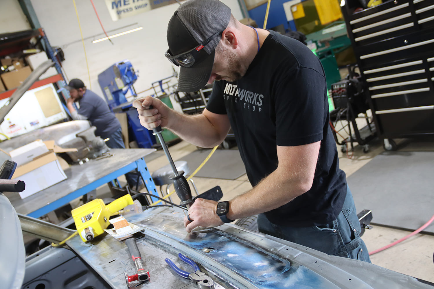 025 1967 Nova cowl weld seams metal finished and pulled with slide hammer to correct low spots