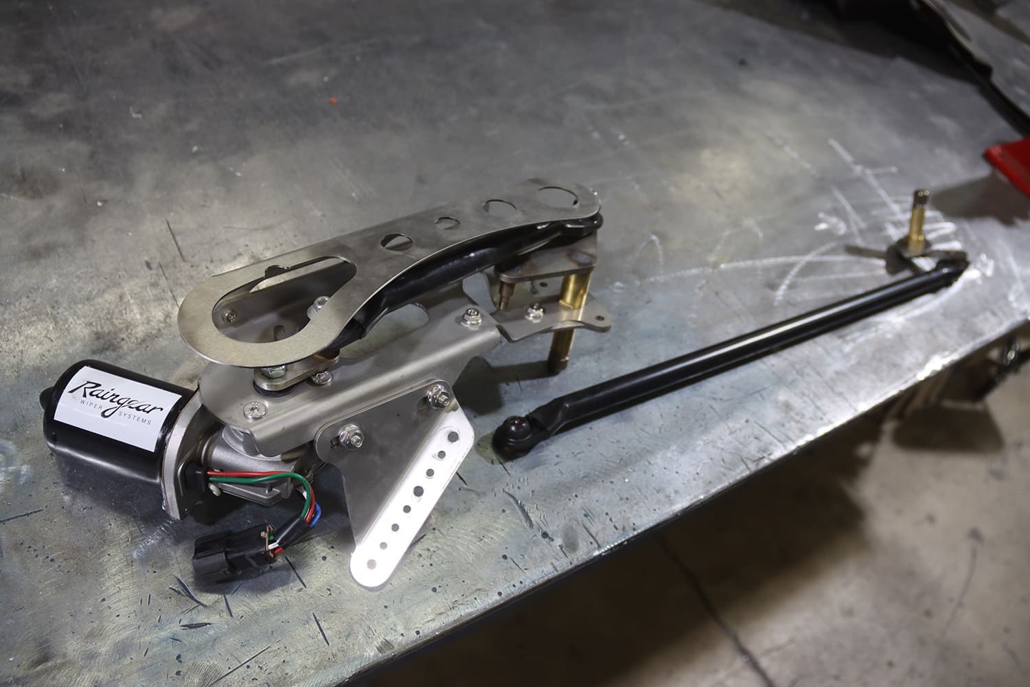 027 1967 Nova RainGear wiper motor system mocked up with billet linkage and CNC mounts