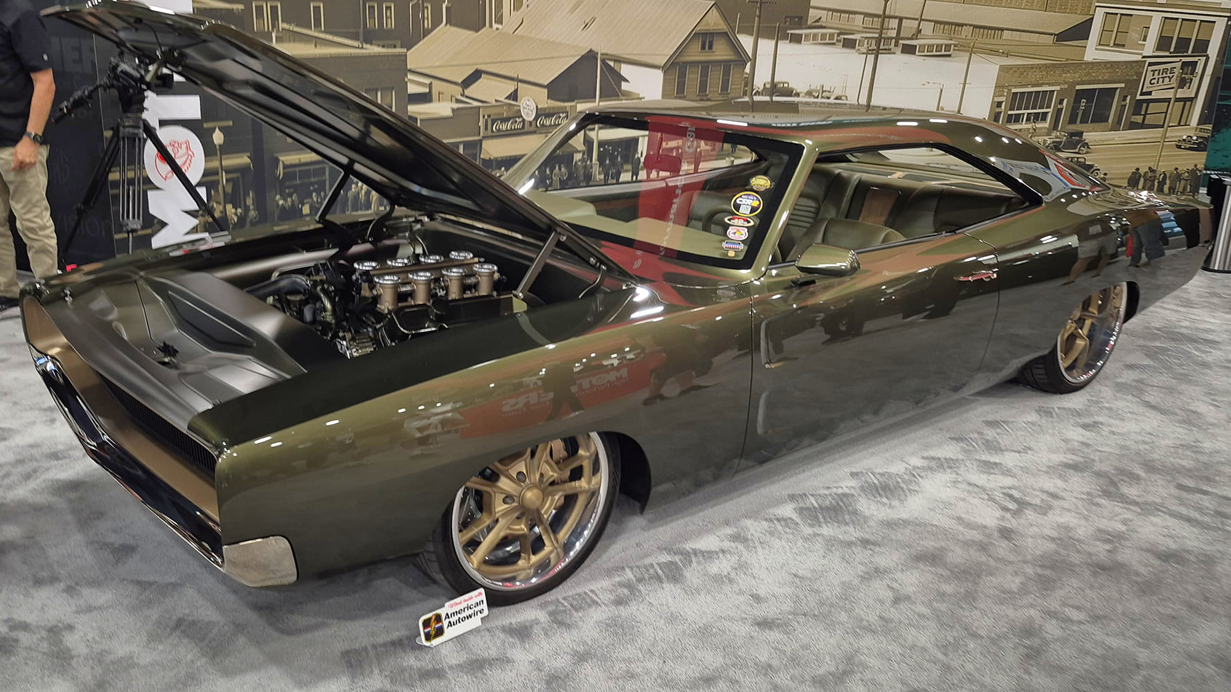 16 1968 dodge charger olive green restomod wide wheels hood open