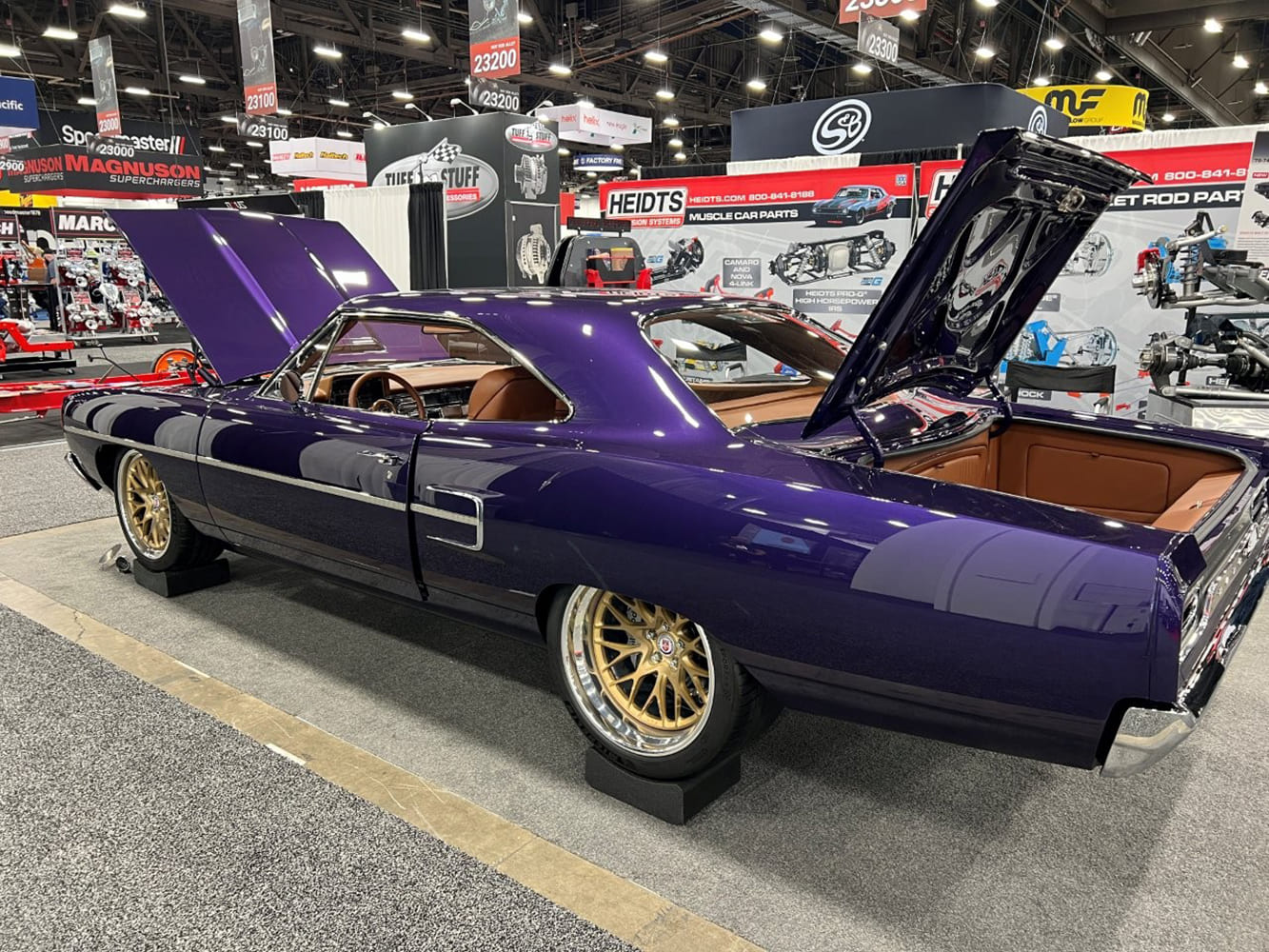 23 1970 dodge charger purple restomod rear quarter trunk open gold wheels