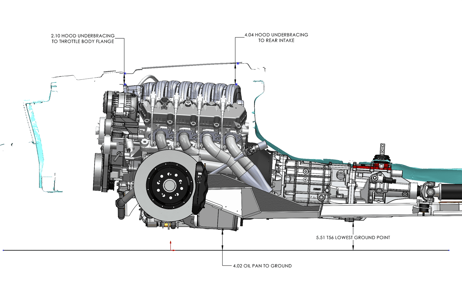02 1956 Mustang Godzilla engine CAD mockup side view with T56 packaging diagram
