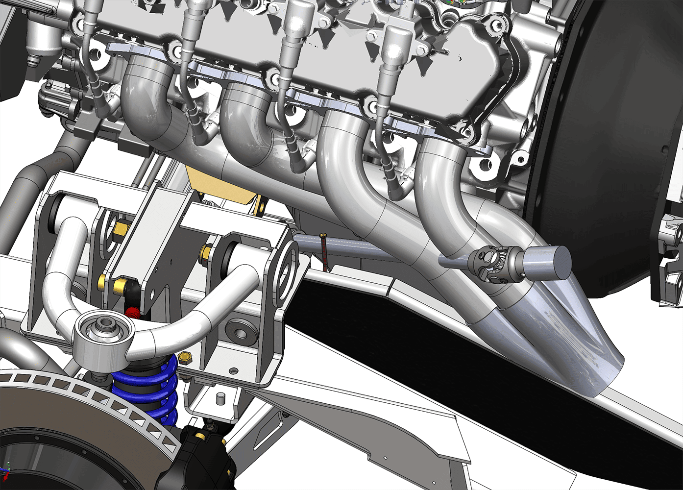 04 1956 Mustang Godzilla engine CAD view headers front suspension coilover details