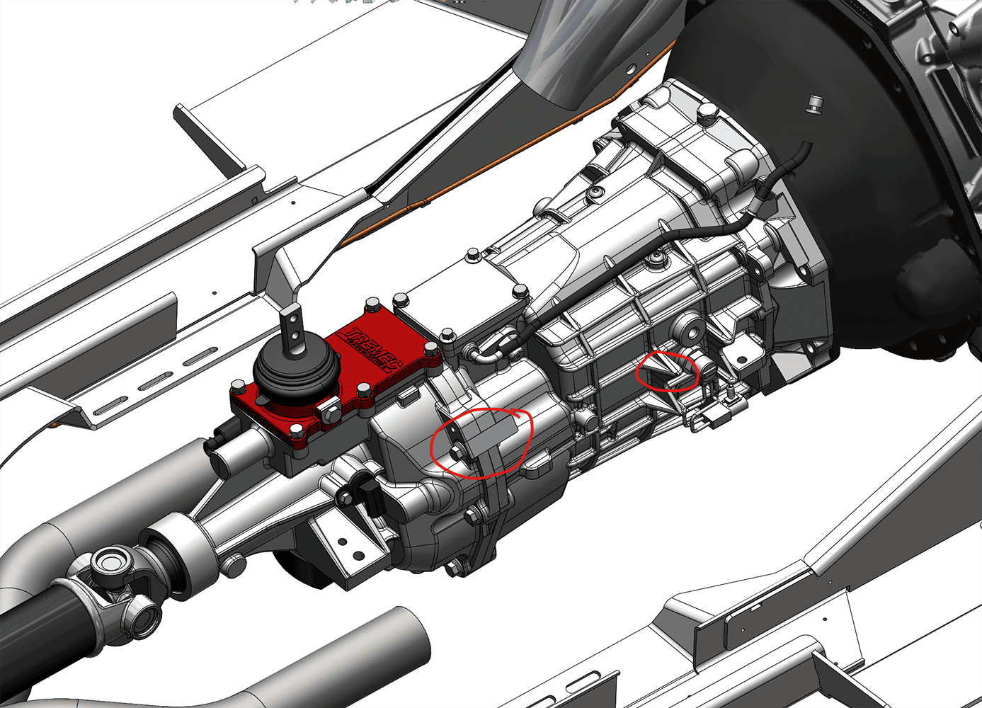 06 1956 Mustang Tremec T56 transmission CAD with shifter and crossmember layout