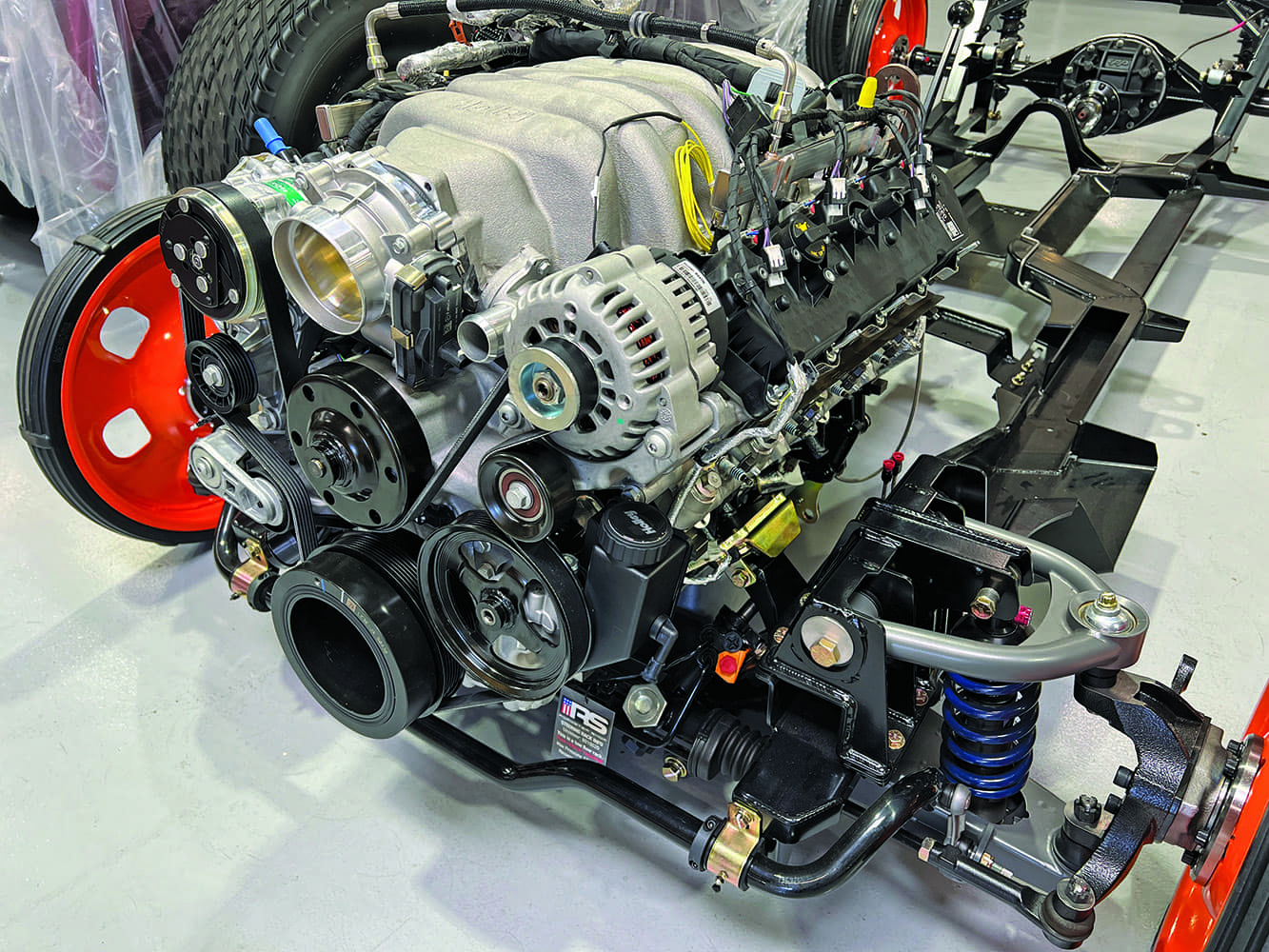 07 1956 Mustang Godzilla engine detail shot pulley system suspension geometry setup