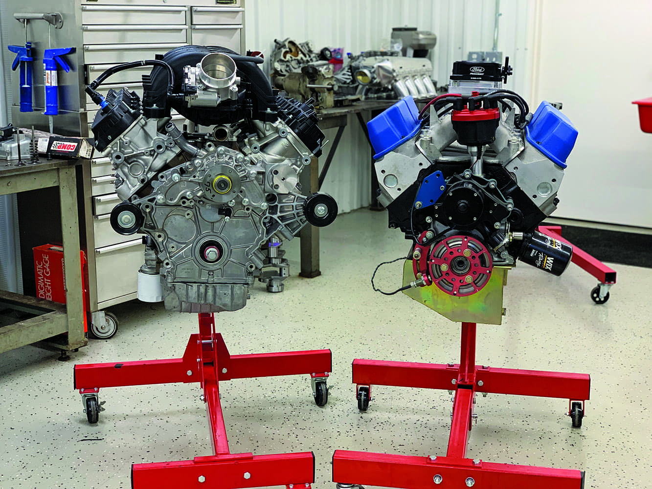 12 Ford Godzilla vs Big Block Ford engine comparison side by side on red stands