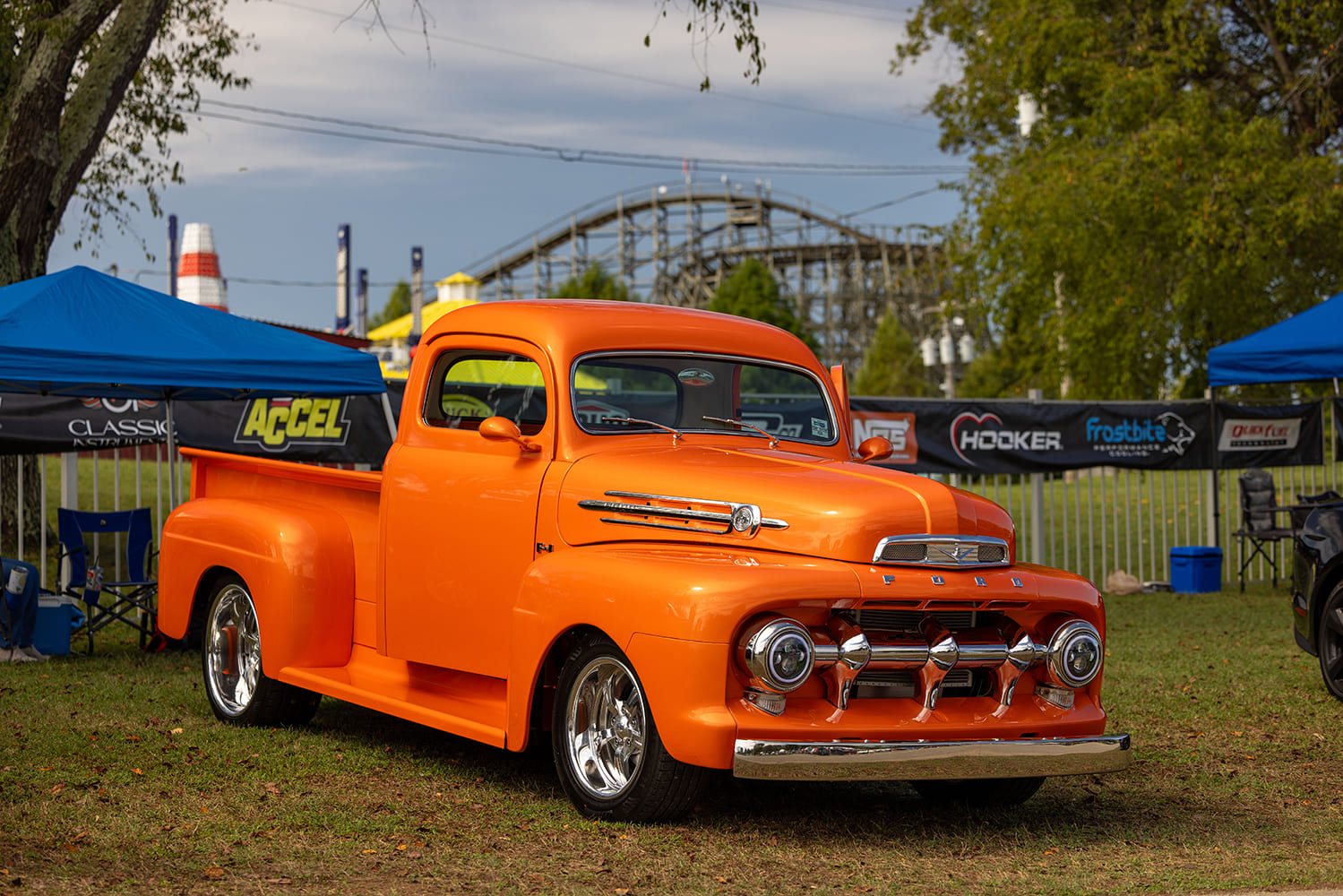 14 1951 Ford F 1 orange hot rod custom truck chrome grille show build