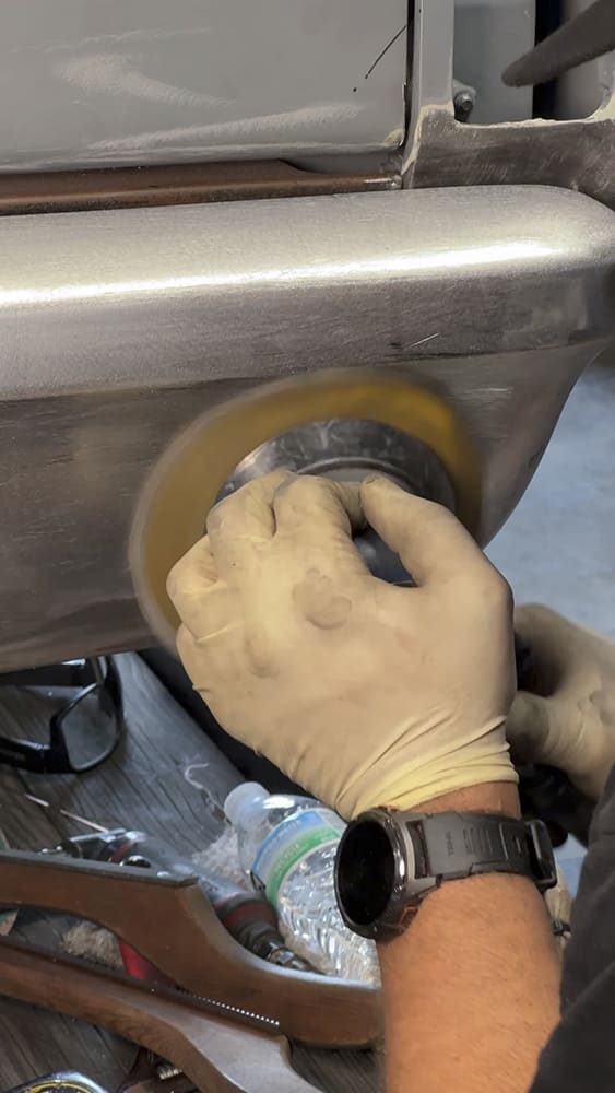 21 1967 c10 bumper final sanding roloc disc smoothing weld seam