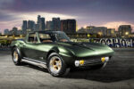 001 1966 Chevy Corvette widebody side pipes gold wheels green paint city backdrop