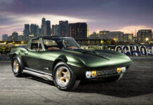 001 1966 Chevy Corvette widebody side pipes gold wheels green paint city backdrop