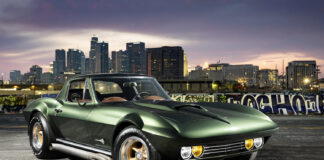 001 1966 Chevy Corvette widebody side pipes gold wheels green paint city backdrop
