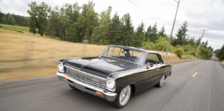 001 1966 chevy nova pro touring black driving front view