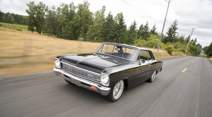 This black 66 Nova Pro Touring Car Is Powered by an LS3 001 1966 chevy nova pro touring black driving front view