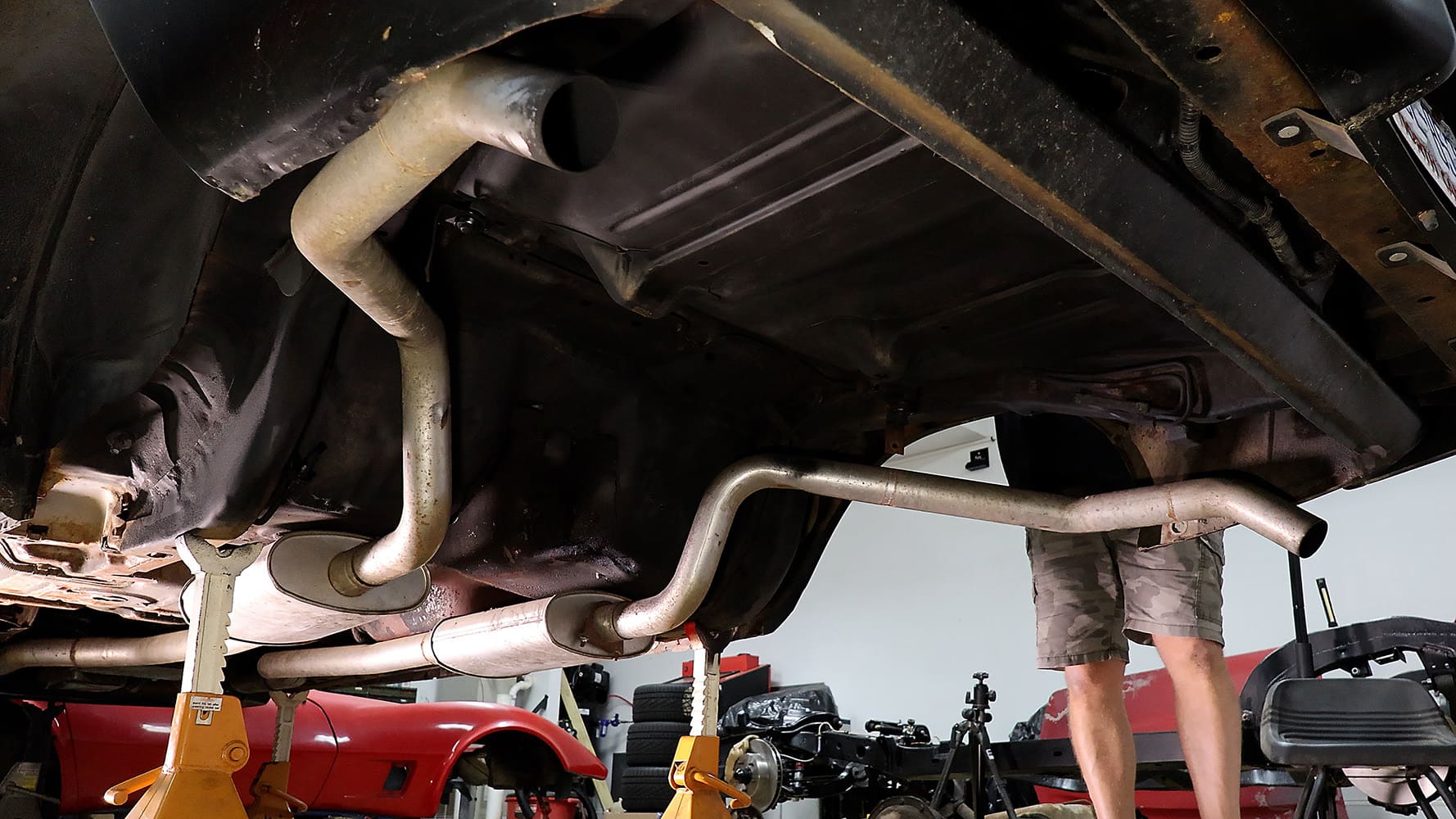 004 1978 camaro stock exhaust and leaf springs underbody view