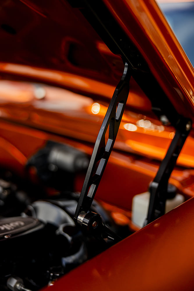 006 1967 chevy camaro billet hood hinges orange engine bay