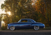 01 1952 chevy styleline side view deep blue paint lowered stance custom wheels autumn backdrop