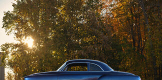 01 1952 chevy styleline side view deep blue paint lowered stance custom wheels autumn backdrop