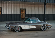 1958 Corvette restomod side profile two tone brown white paint modern wheels classic sports car