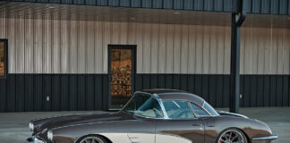 1958 Corvette restomod side profile two tone brown white paint modern wheels classic sports car