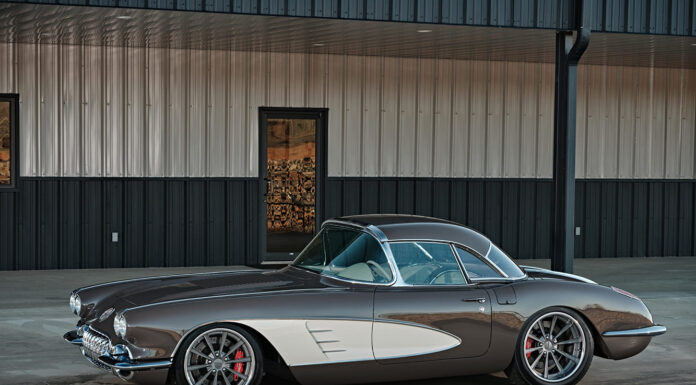 1958 Corvette restomod side profile two tone brown white paint modern wheels classic sports car