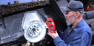 01 1965 mustang cpp brake install red caliper slotted rotor mockup on spindle