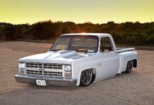 01 1986 Chevy C10 squarebody white paint billet wheels laid out sunset stance