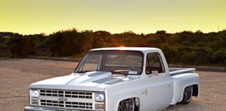 01 1986 Chevy C10 squarebody white paint billet wheels laid out sunset stance