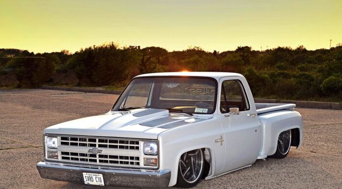 01 1986 Chevy C10 squarebody white paint billet wheels laid out sunset stance