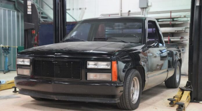 01 1990 Chevy C1500 OBS black lowered project truck billet grille static drop