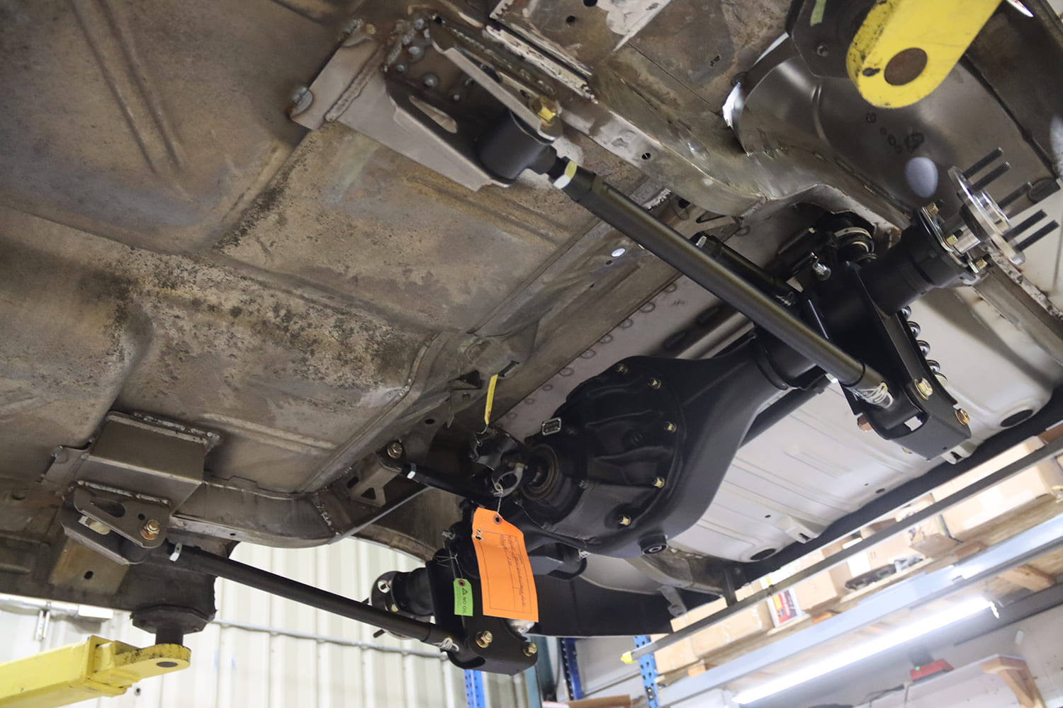 015 1963 Chevy Nova QUADRALink rear suspension mocked into place for initial fitment and alignment check