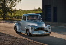 02 1953 Chevy 3100 smoothed bodywork silver ghost paint sunset stance