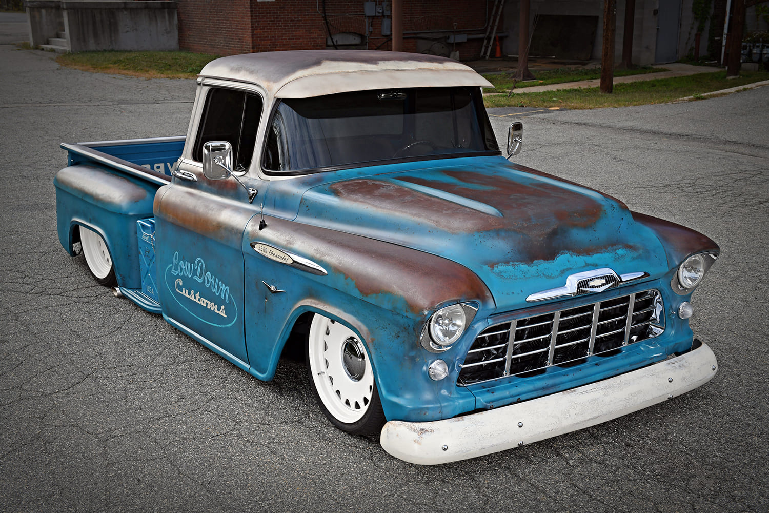 02 1957 Chevy 3100 blue patina lowered custom white wheels hot rod
