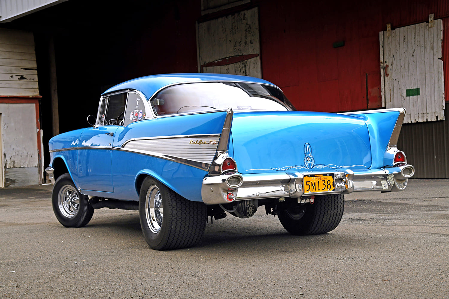 02 1957 Chevy Bel Air gasser rear three quarter view period correct drag setup chrome bumper high rear tires