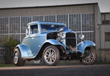 Brandon Good’s 1932 Ford Gasser Lays it Down on the Street 1932 Ford Five Window Coupe low angle polished wheels aggressive rake classic Deuce coupe proportions