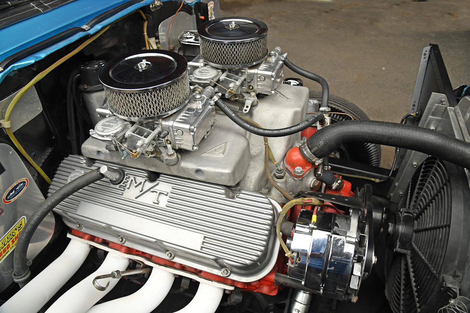05 1957 Chevrolet gasser engine bay dual carburetors aluminum intake manifold small block Chevy V8