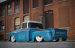 05 1957 Chevy 3100 patina custom truck brick wall backdrop show stance