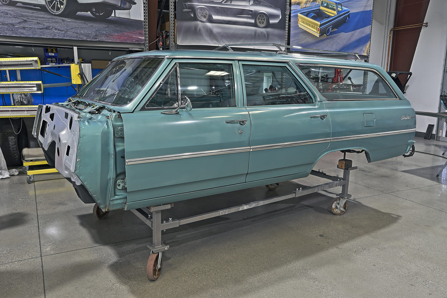 07 1965 chevelle wagon body off roller cart restoration stage prepped for mockup