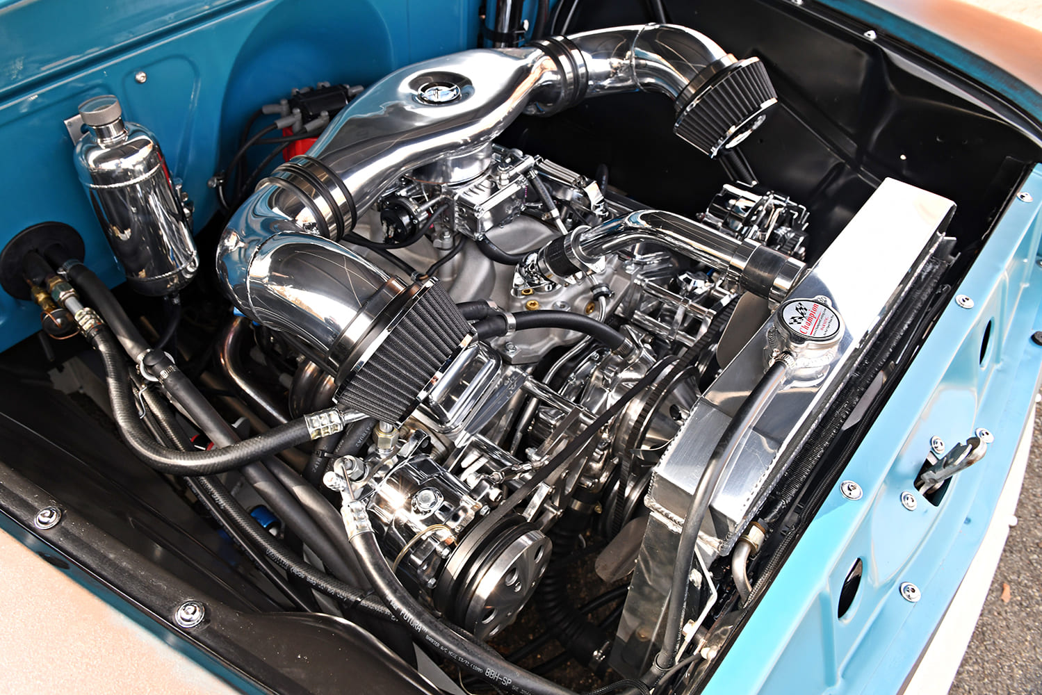 08 1957 Chevy 3100 custom engine bay polished intake dual filters