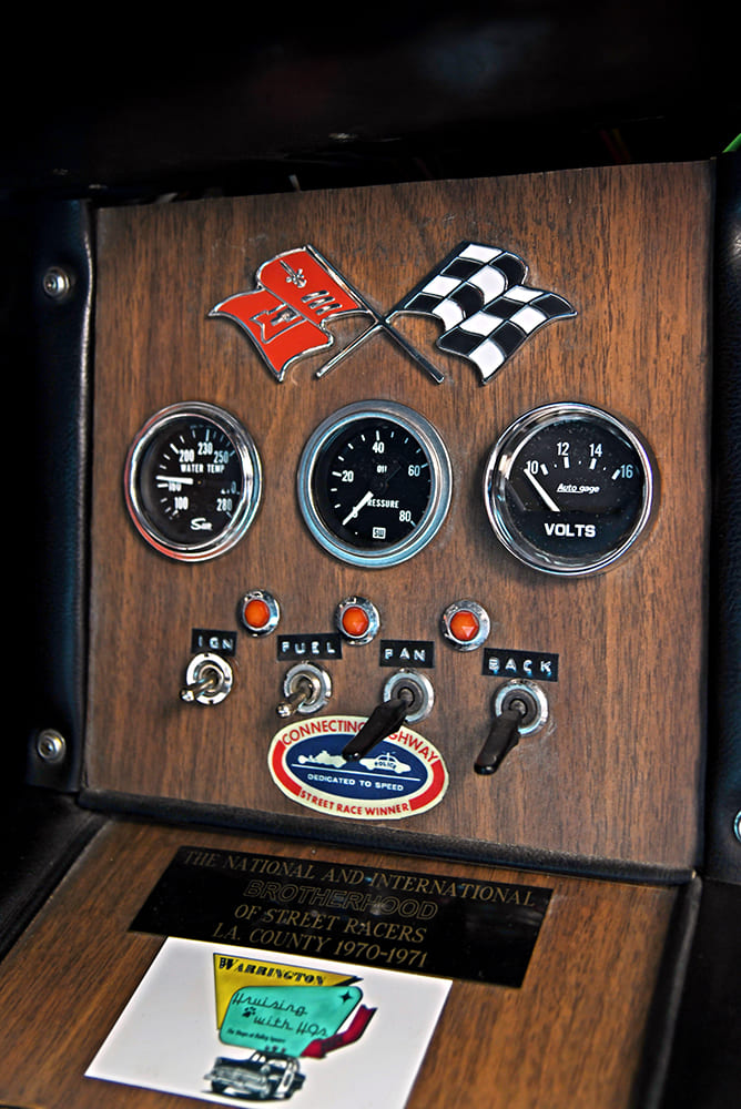 11 1957 Chevrolet Bel Air gasser custom switch panel woodgrain dash insert auxiliary gauges drag racing interior