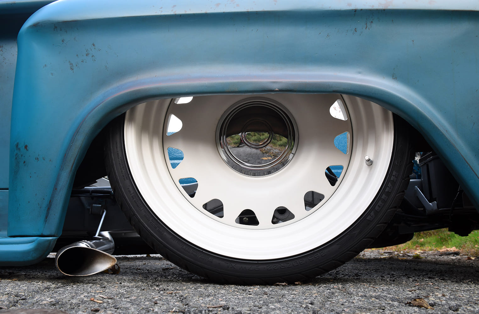 12 1957 Chevy 3100 rear wheel white powder coated custom cut steelies