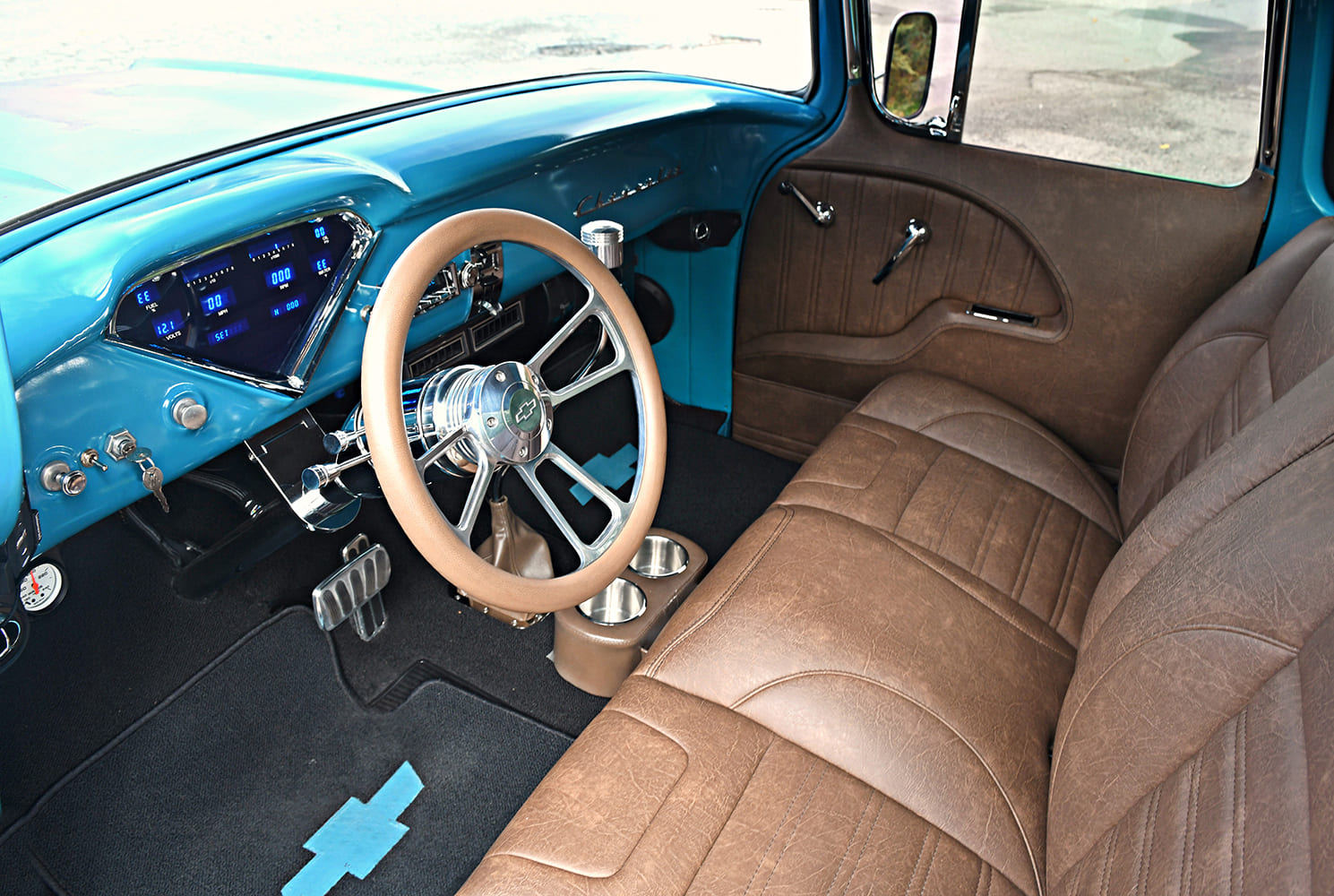 13 1957 Chevy 3100 interior brown bench seat billet wheel blue dash
