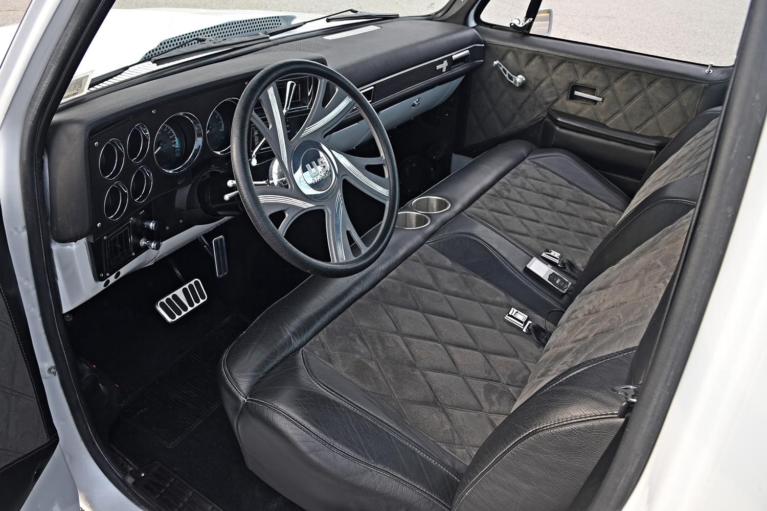 13 1986 Chevy C10 custom interior diamond stitched suede bench billet specialties wheel