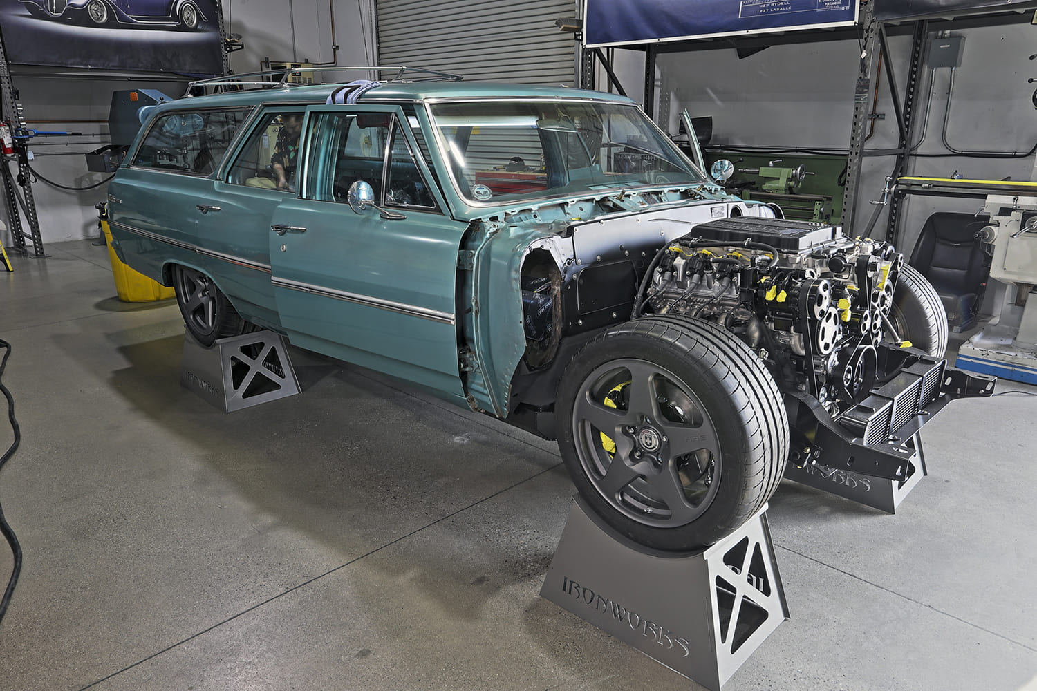 14 1965 chevelle wagon on jackstands ls3 mockup wide wheels engine bay mid assembly