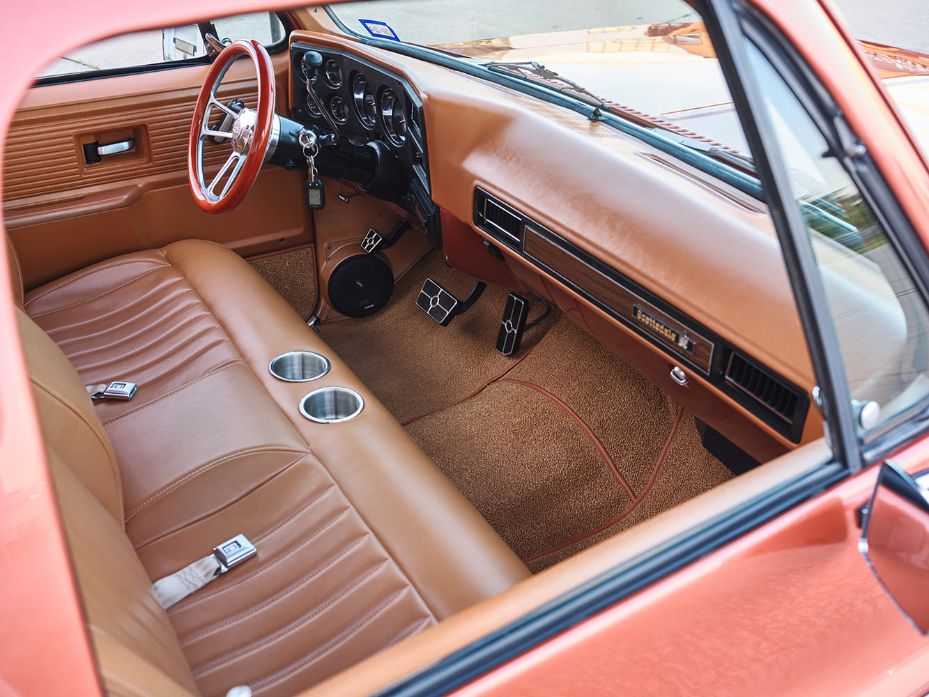 14 1977 Chevy C10 interior full tan leather bench seat billet details