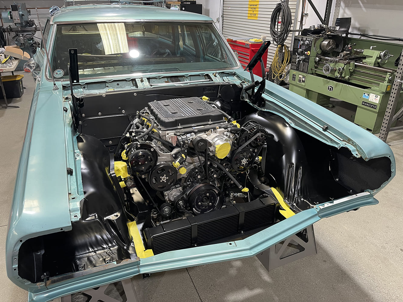 15 1965 chevelle wagon engine bay ls3 mockup fenders off black inner structure powdercoated