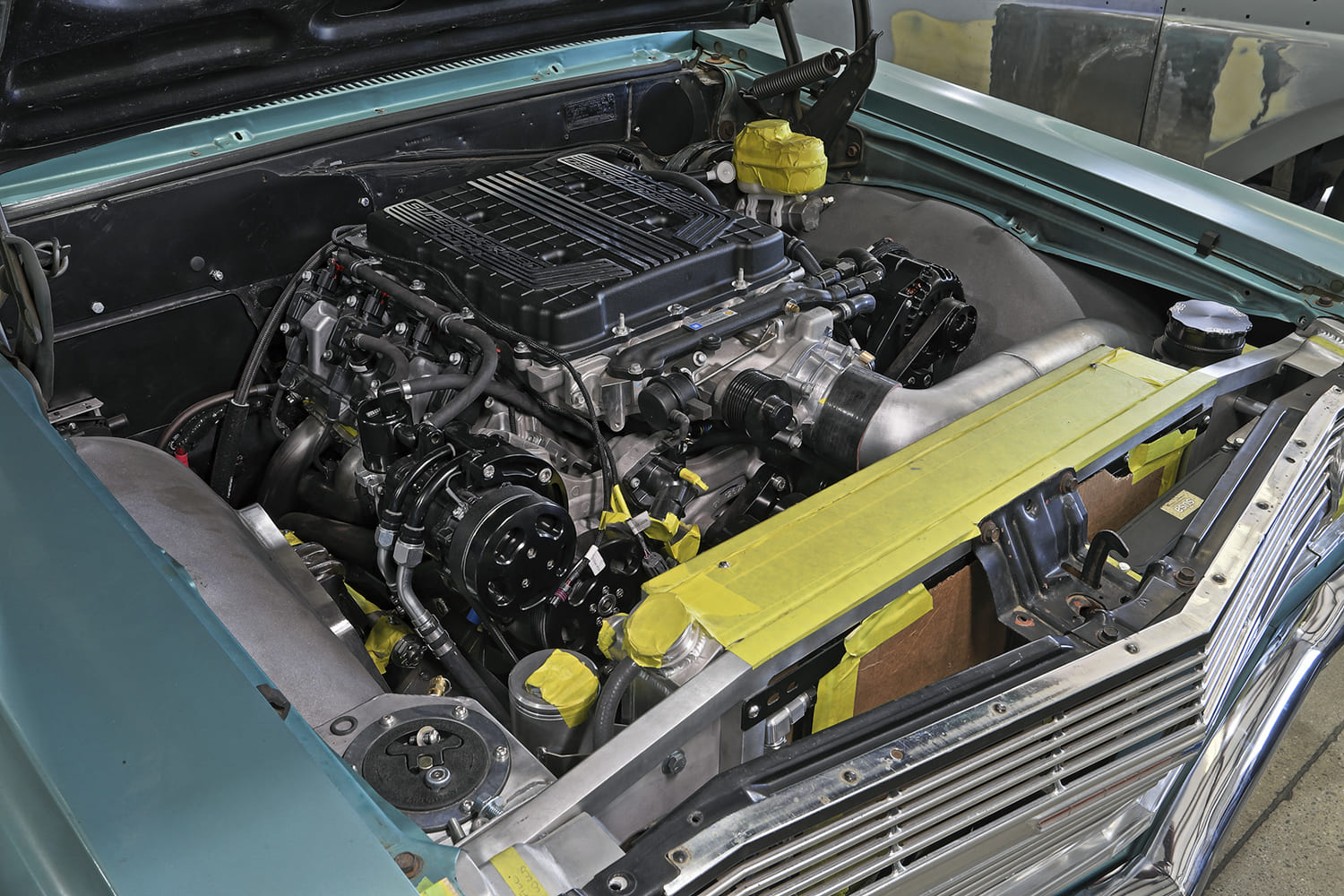 16 1965 chevelle wagon engine bay detail lt4 supercharged install dry fit radiator taped off