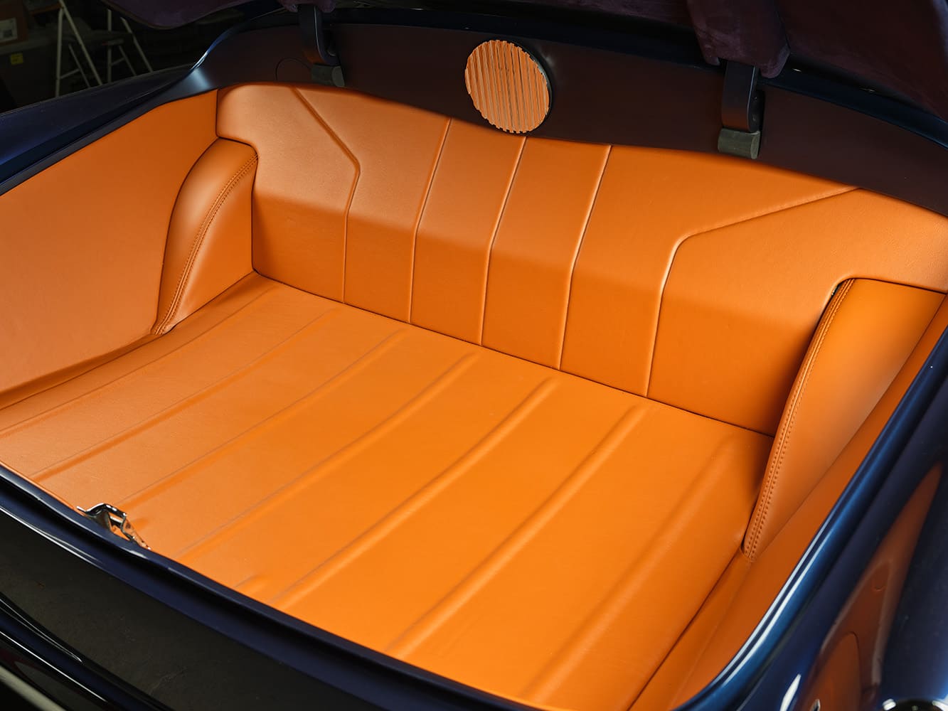 17 1952 chevy styleline trunk custom leather panels orange upholstery smooth finish