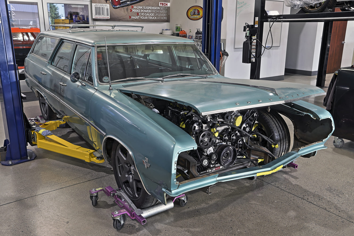 17 1965 chevelle wagon full view engine installed front clip off custom accessories mockup