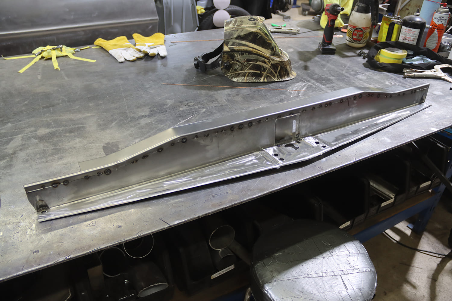 31 1967 chevy nova core support fully fabricated part on bench ready for finish work