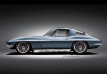 000 1965 Chevy Corvette Concept rendering shows side profile with side pipes redline tires and turbine style wheels