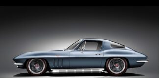 000 1965 Chevy Corvette Concept rendering shows side profile with side pipes redline tires and turbine style wheels